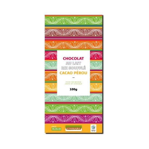 Tablette de chocolat au lait riz soufflé Ethiquable
