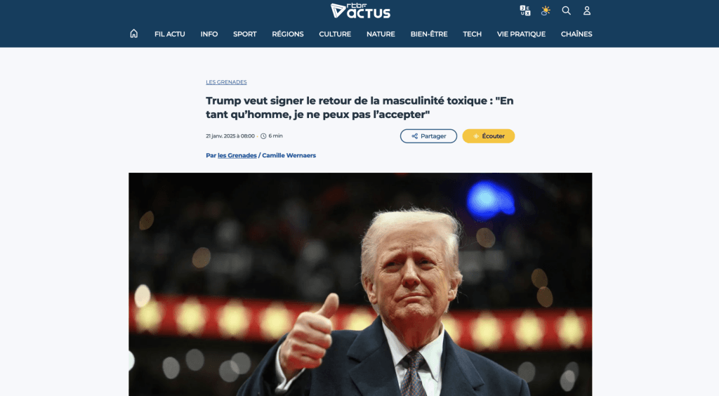 Simon Dubois-Yassa du Monde selon les femmes réagit sur la RTBF à la masculinité toxique de Trump
